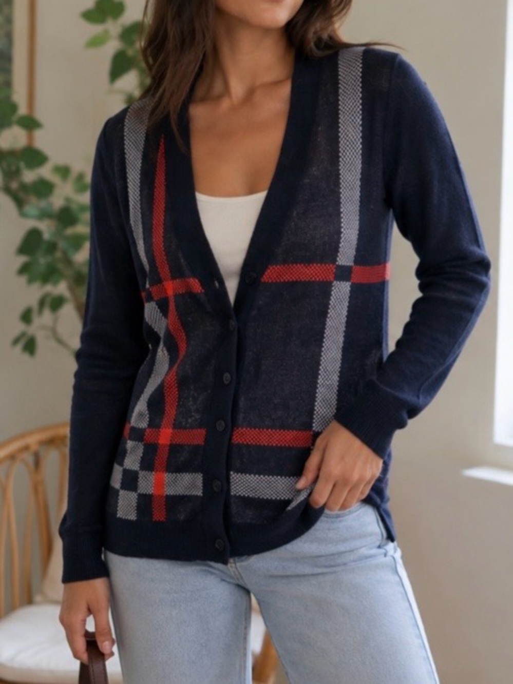 The Limited Navy Plaid V-Neck Button Cardigan Sweater Women’s Size XSmall